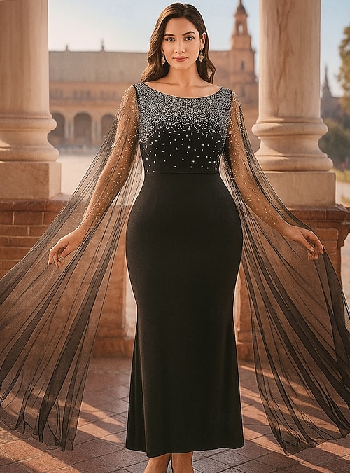 Sheath Column Ankle Length Black Dress Wedding Guest Dress Formal Dresses Mother of the Bride Dress Long Sleeve Crew Neck Elegant Vintage Party Formal Holiday Formal Evening Tulle with Beading 2026 - $126.99 Sheath Column Ankle Length Black Dress Wedding Guest Dress Formal Dresses Mother of the Bride Dress Long Sleeve Crew Neck Elegant Vintage Party Formal Holiday Formal Evening Tulle with Beading 2026 - $126.99