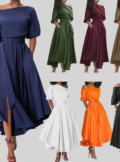 Women's Midi Dress Sheath Dress A Line Dress Fit And Flare Dress Off The  Shoulder Dress Party Casual Boho Winter Dress Daily Regular Fit Plain Half  Sleeve Off Shoulder Blue claret Orange