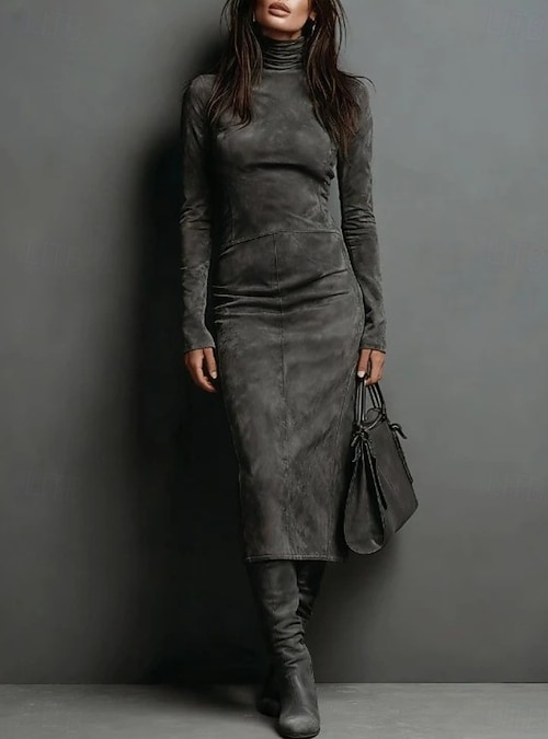 Women's Midi Dress Sheath Dress Vacation Casual Boho Daily Date Slim Plain Long Sleeve Turtleneck Dark Brown Light Brown Gray Fall Winter
