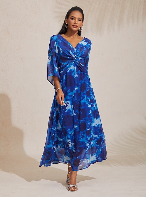 Abstract Floral V Neck Knot Front Flared Sleeve Maxi Dress 2026 - $22.49 Abstract Floral V Neck Knot Front Flared Sleeve Maxi Dress 2026 - $22.49