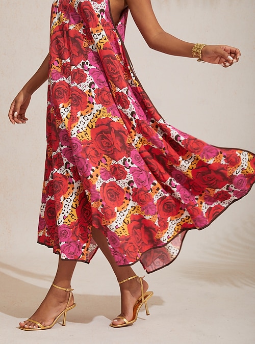 princess polly baby blue dress Olive Print Asymmetric Cut Out Midi Dress – AX Paris main image 0
