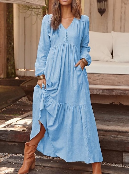 long sleeve light in the women's swing dress Women's Long Dress Maxi Dress Casual Dress Swing Dress Basic Modern Office  Vacation Going out Regular Fit Loose Fit Plain Long Sleeve V Neck Light  Yellow Black Brown Light Grey Spring Fall