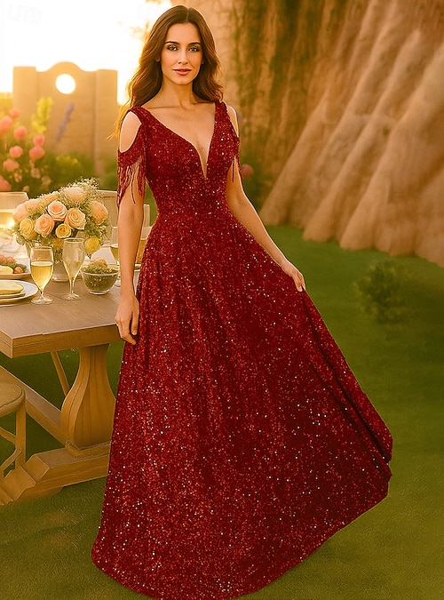 A-Line Floor Length Sequin Dress Prom Dress Party Dress Mother of the Bride Dress Sleeveless V Neck Elegant Vintage Party with Sequin A-Line Floor Length Sequin Dress Prom Dress Party Dress Mother of the Bride Dress Sleeveless V Neck Elegant Vintage Party with Sequin