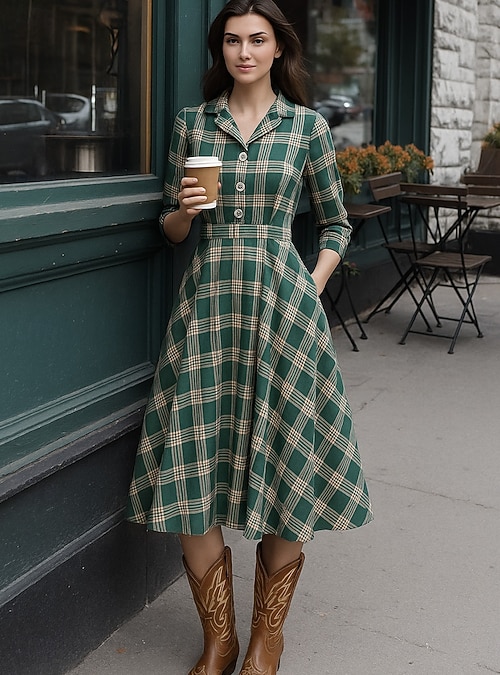 Women's Midi Dress Fit And Flare Dress Casual Daily Regular Fit Plaid 3/4 Length Sleeve Lapel Green Fall Winter 2026 - $41.99 Women's Midi Dress Fit And Flare Dress Casual Daily Regular Fit Plaid 3/4 Length Sleeve Lapel Green Fall Winter 2026 - $41.99