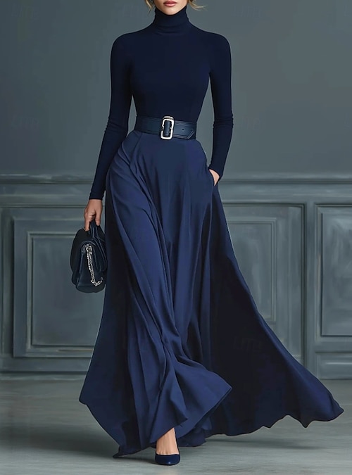 Women's Maxi Dress Sheath Dress Birthday Casual Formal Party Office Daily  Regular Fit Plain Long Sleeve Turtleneck Navy 2026 - AU $67.89