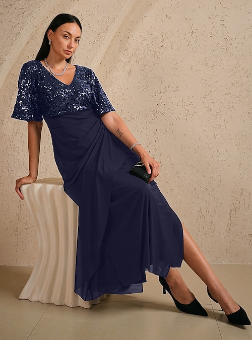 Women's Maxi Dress Sheath Dress Empire Waist Dresses Sequins Lace Elegant Flutter Sleeve Wedding Guest Evening Party Regular Fit Floral Half Sleeve V