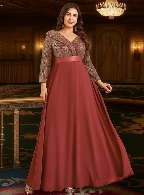 A-Line Floor Length Wedding Guest Dress Formal Dresses Evening Gown Mother  of the Bride Dress Long Sleeve V Neck Elegant Vintage Sparkle & Shine Holiday  Formal Evening Wedding Party with Sequin 2026 -