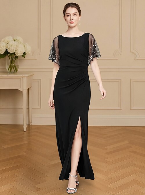 Sheath Column Floor Length Black Dress Wedding Guest Dress Formal Dresses Mother of the Bride Dress Short Sleeve Crew Neck Elegant Vintage Simple Formal Formal Evening Semi Formal Glitter Lace with 2026 - Sheath Column Floor Length Black Dress Wedding Guest Dress Formal Dresses Mother of the Bride Dress Short Sleeve Crew Neck Elegant Vintage Simple Formal Formal Evening Semi Formal Glitter Lace with 2026 -