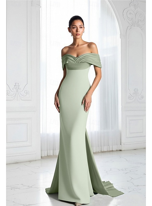 Mermaid Trumpet Sweep Brush Train Evening Gown Elegant Celebrity Style  Sleeveless Off Shoulder Wedding Formal Stretch Crepe with Bow(s) 2026 -  $195.99