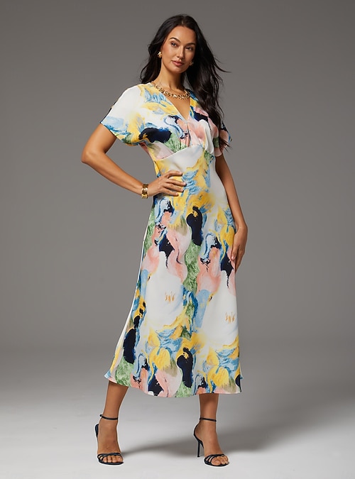 Women's Satin Maxi Dress Abstract Brush Print Mermaid Hem Dolman Sleeve Elegant Casual Vacation Spring Summer