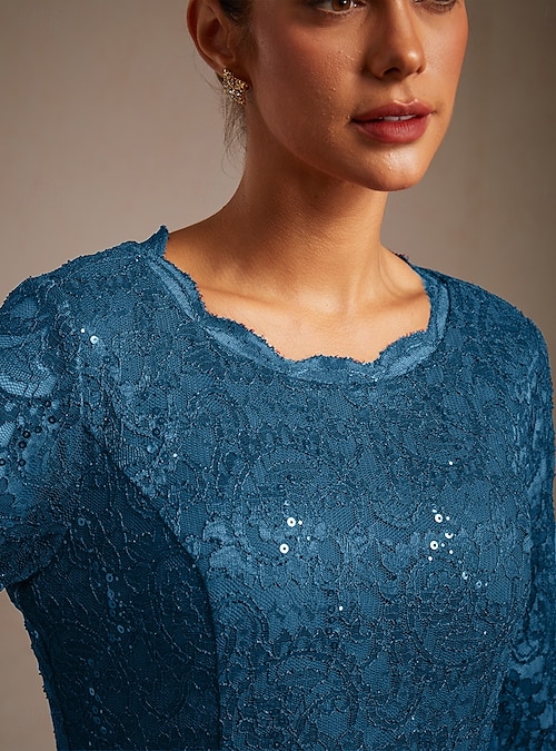 Women's Midi Dress Chiffon Dress Elegant Wedding Guest Cocktail Party Tea  Party Lace Solid Color 3/4 Length Sleeve Crew Neck Peacock Blue 2026 -  $139.99