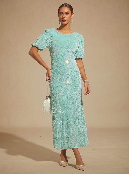 green silk cut out dress LS DELICATE SEQUIN PUFF-SLEEVE DRESS main image 0