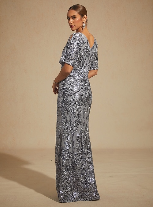 Women's Maxi Dress Sheath Dress Trumpet Mermaid Dress Sequin Lace  Embriodered Cold Shoulder Elegant Evening Party Regular Fit Floral Half  Sleeve V Neck Gray Fall Winter 2026 - $198.99