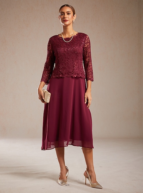 Women's Midi Dress A Line Dress Elegant Evening Party Wedding Guest Lace Regular Fit Solid Color 3/4 Length Sleeve Crew Neck Wine 2026 - $39.19 Women's Midi Dress A Line Dress Elegant Evening Party Wedding Guest Lace Regular Fit Solid Color 3/4 Length Sleeve Crew Neck Wine 2026 - $39.19