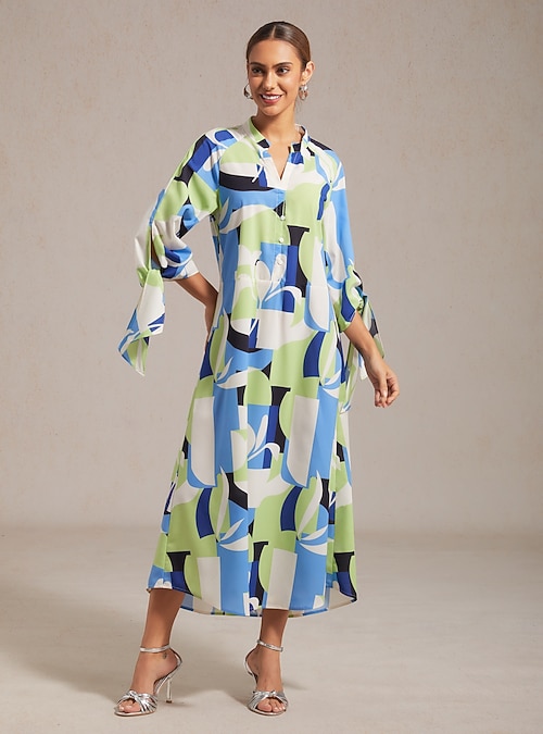 green geometric maxi dress Green One Shoulder Geometric Floral Dress - Vacation Ready main image 0