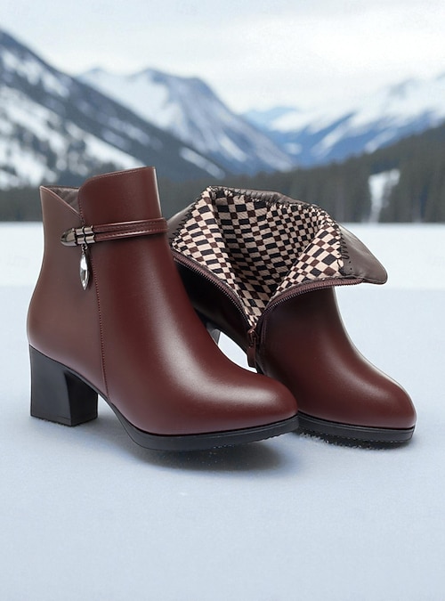 wool lined dress boots Women's Black Ankle Boots with Wool Lining Warm Faux Leather Winter Heeled Boots for Cold Weather, Office & Casual Outfits 2026
