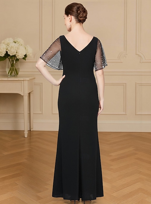 Sheath Column Floor Length Black Dress Wedding Guest Dress Formal Dresses  Mother of the Bride Dress Short Sleeve Crew Neck Elegant Vintage Simple  Formal Formal Evening Semi Formal Glitter Lace with 2026 -