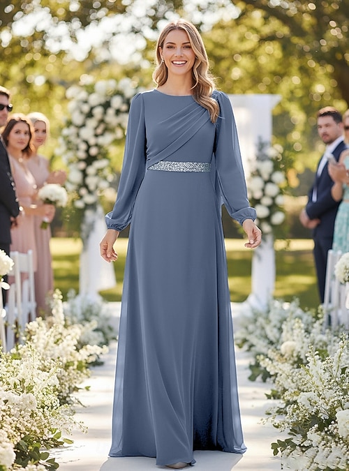 A-Line Floor Length Wedding Guest Dress Chiffon Dress Formal Dresses Mother  of the Bride Dress Long Sleeve Crew Neck Elegant Formal Evening Chiffon  with Solid Color 2026 - $183.99