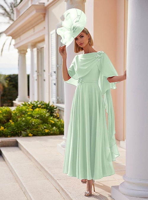 A-Line Dress Ankle Length Party Dress Cocktail Dress Wedding Guest Dress  Mother of the Bride Dress Short Sleeve Bateau Neck Elegant Formal Stretch  Chiffon with Lace Tier Solid Color 2026 - $186.99
