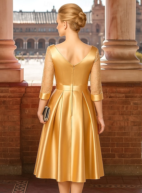 tea length gold mother of the bride dresses Shirees Lace A-Line/Princess Off Shoulder Tea-Length Mother of the Bride & Groom Dresses with Bow 2026 main image 0