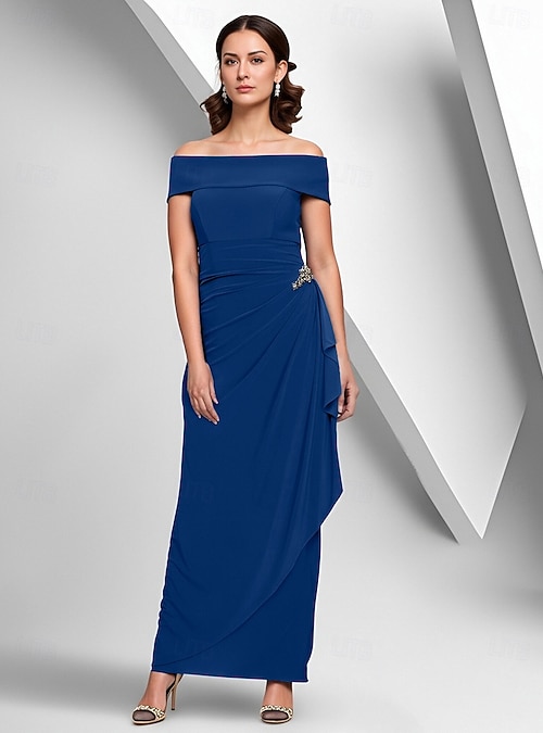 Sheath Column Floor Length Wedding Guest Dress Chiffon Dress Formal Dresses  Mother of the Bride Dress Cap Sleeve Off Shoulder Elegant Minimalist  Wedding Guest Chiffon with Crystal Brooch 2026 - $164.99