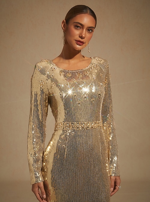 Women's Maxi Dress Floor Length Dress Trumpet Mermaid Dress Elegant Party  Evening Party Cocktail Party Sequins Beaded Regular Fit Solid Color Long  Sleeve Crew Neck Gold Spring Fall Winter 2026 - $625.69