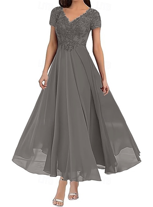 A-Line Floor Length Party Dress Cocktail Dress Wedding Guest Dress Mother  of the Bride Dress Short Sleeve V Neck Elegant Wedding Guest with Solid  Color 2026 - CAD $266.99