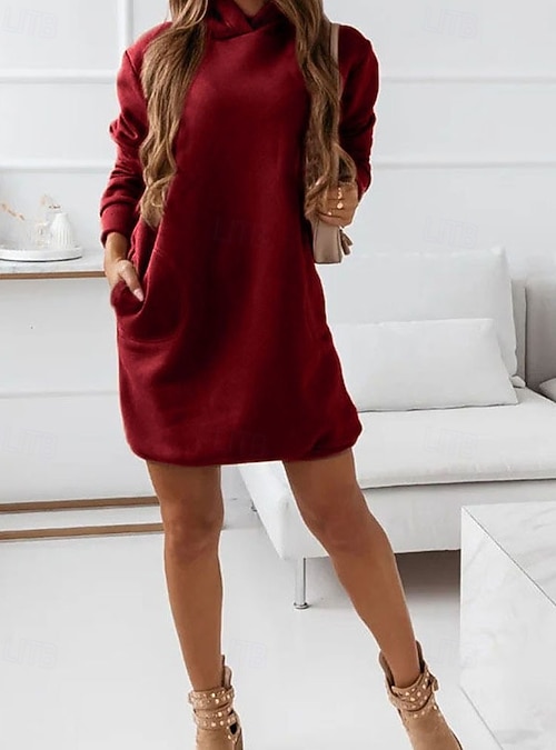 Women's Mini Dress Red Christmas Dress Black Dress Hoodie Dress Elegant  Fashion Classic Daily Outdoor Office Regular Fit Plain Long Sleeve Hooded  Black Red Brown Khaki Spring Fall 2026 - CHF29