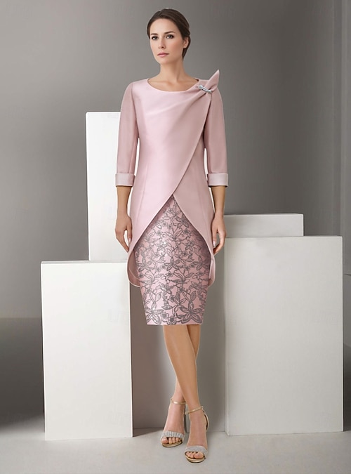 Two Piece Sheath Column Dress Sets Knee Length Wedding Guest Dress Mother of the Bride Dress 3/4 Length Sleeve V Neck Elegant Vintage Sparkle & Shine Wedding Party Semi Formal Satin Glitter Two Piece Sheath Column Dress Sets Knee Length Wedding Guest Dress Mother of the Bride Dress 3/4 Length Sleeve V Neck Elegant Vintage Sparkle & Shine Wedding Party Semi Formal Satin Glitter