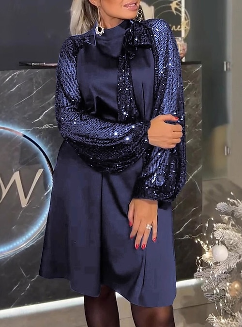Christmas Women's Knee Length Dress A Line Dress Elegant Stylish Casual  Party Regular Fit Solid Color Long Sleeve High Neck Blue Black Red Purple  Spring Fall Winter 2026 - AU $64.99
