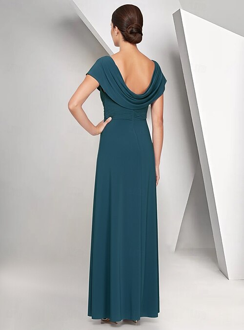 A-Line Floor Length Wedding Guest Dress Chiffon Dress Formal Dresses Mother of the Bride Dress Cap Sleeve Crew Neck Elegant Simple Wedding Guest Semi