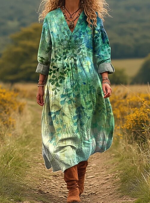 Women's Midi Dress Shift Dress Casual Daily Going out Loose Fit Floral  Graphic Long Sleeve V Neck Pink Purple Green Fall Winter 2026 - $37.99