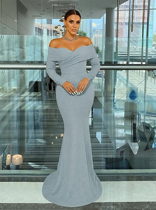Mermaid / Trumpet Stretch Lurex Fabric Evening Gown Elegant Formal Dress  Formal Wedding Sweep / Brush Train Long Sleeve Off Shoulder with Glitter  Pleats 2026 - $159.99