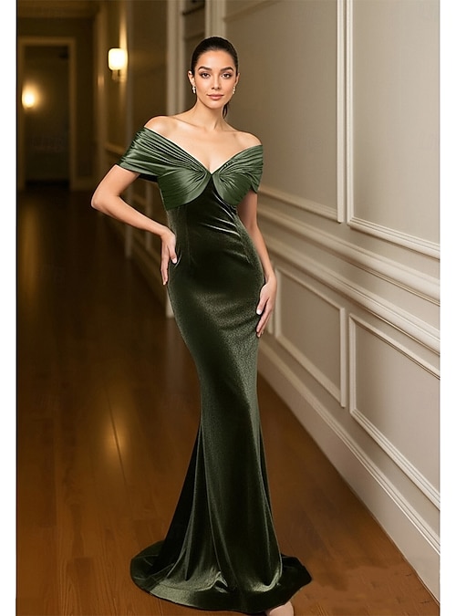Mermaid Trumpet Sweep Brush Train Evening Gown Elegant Celebrity Style  Sleeveless Off Shoulder Formal Velvet with Bow(s) 2026 - NZ $325.59