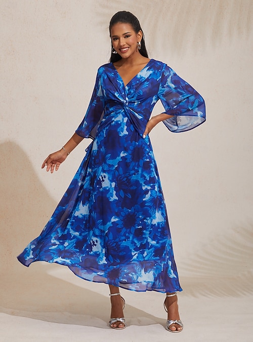 Abstract Floral V Neck Knot Front Flared Sleeve Maxi Dress 2026 - $23.49