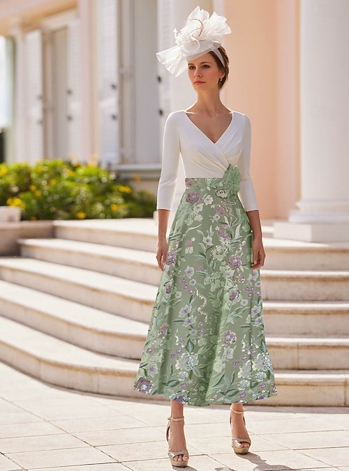 A-Line Dress Ankle Length Beaded Eembroidered Formal Dresses Mother of The Bride Dress Cocktail Dresses Party Dresses Elegant Vintage Half Sleeve V