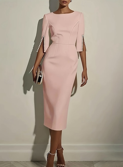 Women's Midi Dress Bodycon Dress Work Dresses Semi Formal Office Regular  Fit Plain Half Sleeve Crew Neck Black White Pink Summer Spring Fall 2026 -  31.99