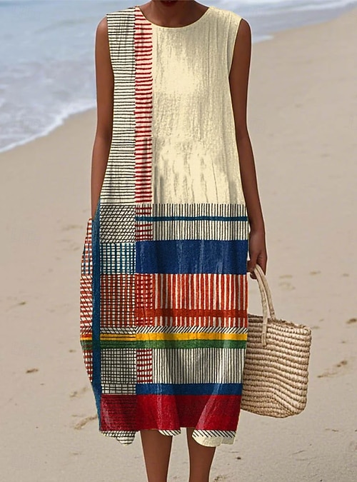 Women's Midi Dress Linen Like Sundress Shift Dress A Line Dress Vacation  Casual Boho Going out Beach Loose Fit Graphic Geometric Sleeveless Crewneck  Gray Green Black Pink Khaki Summer Spring 2026 - $39.99