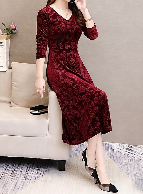 Women's Midi Dress Velvet Dress Party Dress Swing Dress Emerald Green Dress  Elegant Fashion Romantic Vacation Winter Dress Wedding Guest Slim Floral  Long Sleeve V Neck Black Red Green Spring Fall 2026 -