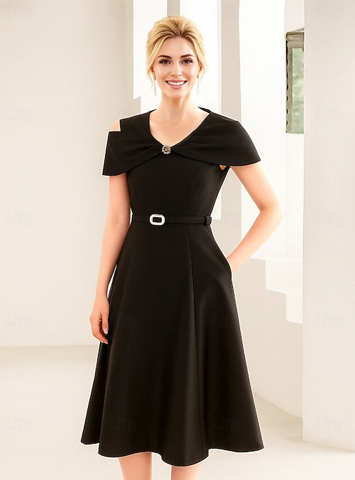 knee length elegant black cocktail dress A-Line Ankle Length Knee Length Black Dress Party Dress Cocktail Dress  Mother of the Bride Dress Short Sleeve Crew Neck V Neck Elegant Vintage  Party Formal Satin with Pleats 2026