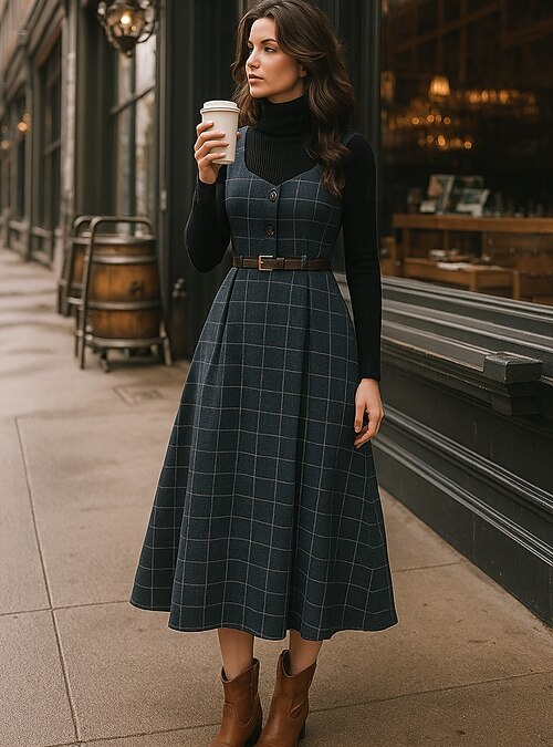 Women's Midi Dress Sheath Dress A Line Dress Vacation Casual Boho Daily  Holiday Plaid Long Sleeve Turtleneck Deep Green Navy Brown 2026 - $54.99