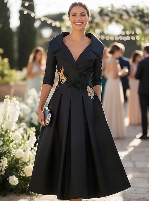A-Line Tea Length Mother of the Bride Dress 3/4 Length Sleeve Shirt Collar Elegant  Formal Satin with Appliques 2026 - 164.99