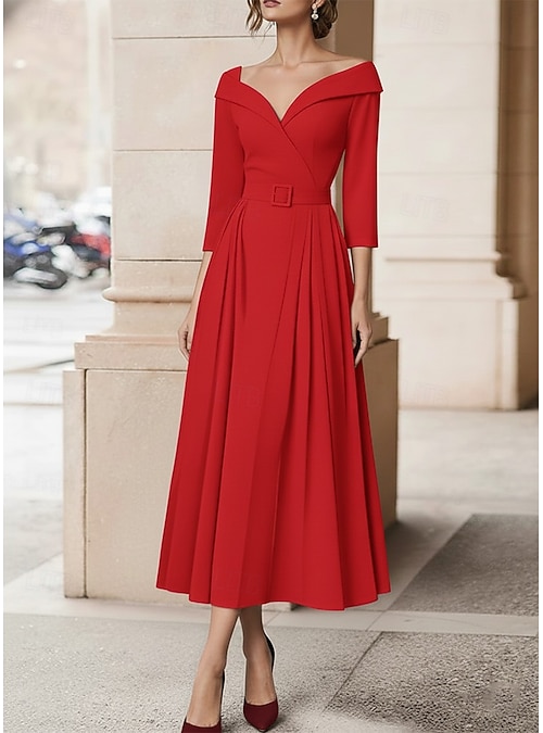 A-Line Ankle Length Tea Length Party Dress Cocktail Dress Wedding Guest Dress Mother of The Bride Dress 3 4 Length Sleeve Off Shoulder Elegant Simple