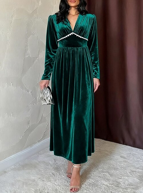 Women's Velvet Green Fall Winter Maxi Dress Pleated Dress Birthday Formal  Regular Fit V Neck 2026 - AU $70.89