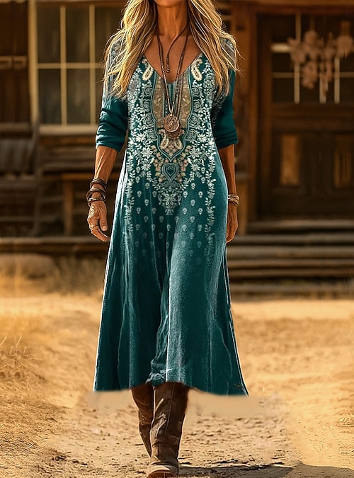 boho sheath dress Women's Midi Dress Vacation Party Casual Daily Date Going out Regular Fit Graphic Paisley Long Sleeve V Neck Red Light Brown Green Fall Winter 2026 and everyday boho style Item:Dress Only (No cardigan) Boho lace $60-$80 Bhldn Abby Long-Sleeve Mini