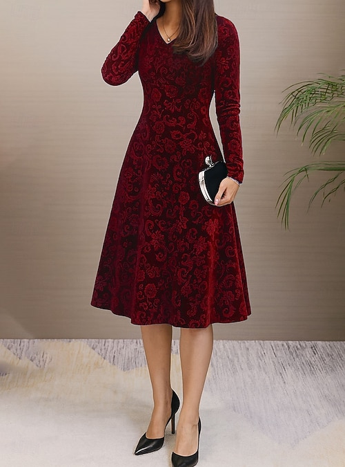 Women's Velvet Maxi Dress A Line Dress Casual Daily Holiday Going out  Regular Fit Floral Long Sleeve V Neck Black Wine Blue Purple Spring Fall  Winter 2026 - $36.99