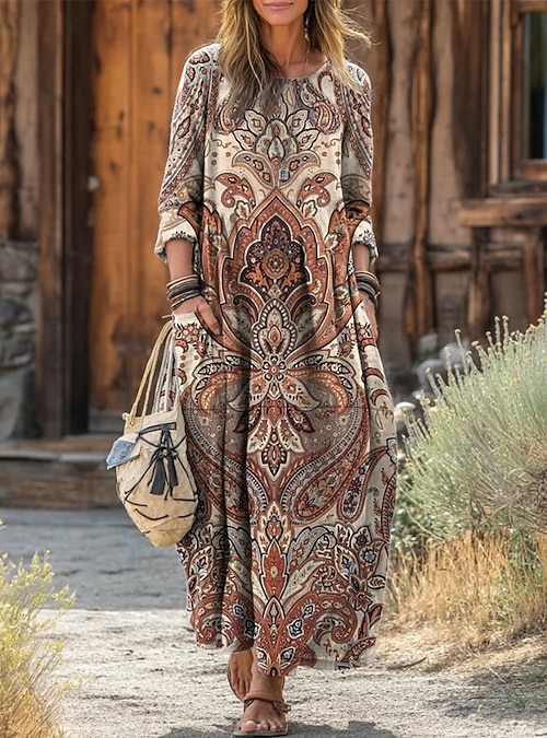 light brown boho dress Modest Muslim Women's Boho Patchwork Long Sleeve Dress main image 0