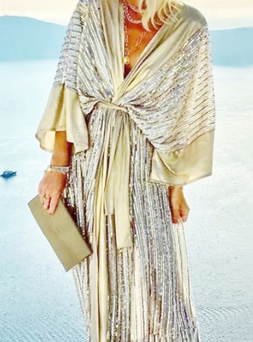 Women's Long Dress Maxi Dress Sequin Dress Prom Dress Party Dress Elegant  Modern Evening Party Party Special Occasion Loose Fit Color Block Long  Sleeve V Neck Light Yellow Spring Fall 2026 - $29.99