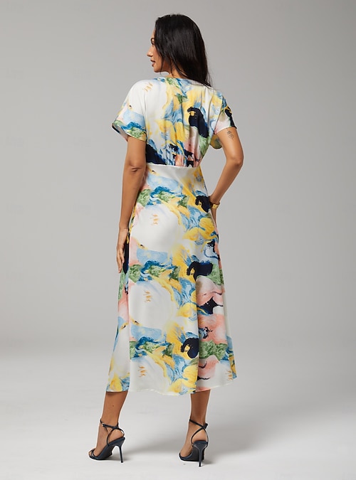 Women's Satin Maxi Dress Abstract Brush Print Mermaid Hem Dolman Sleeve Elegant Casual Vacation Spring Summer