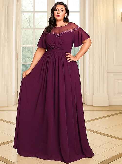A-Line Floor Length Wedding Guest Dress Formal Dresses Evening Gown Mother  of the Bride Dress Short Sleeve Off Shoulder Elegant Vintage Plus Size with  Sequin 2026 - AU $186.29